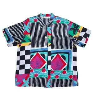 Vintage 80s Striped Polka Dot Floral Abstract Button Up Top Sz Large Dopamine